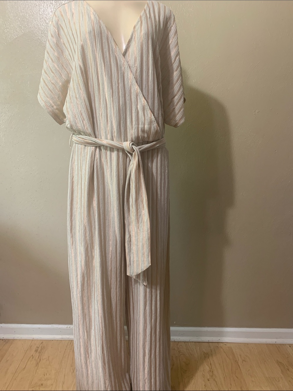 H&M size XL Beige and Rose Gold Striped Jumpsuit Belted
